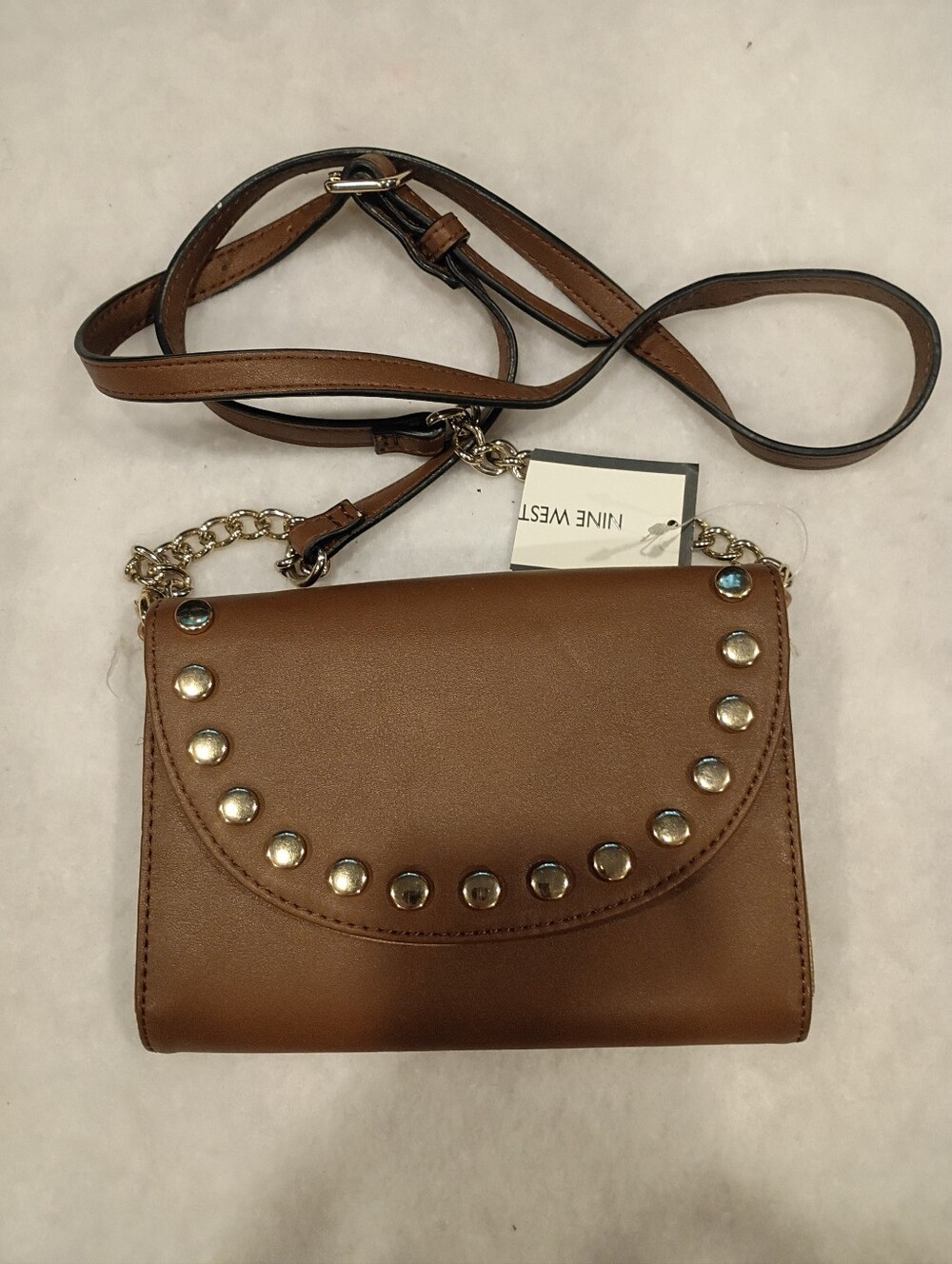 #3009 Nine West Studded Crossbody Wallet Purse Brown Chain Strap Faux Leather